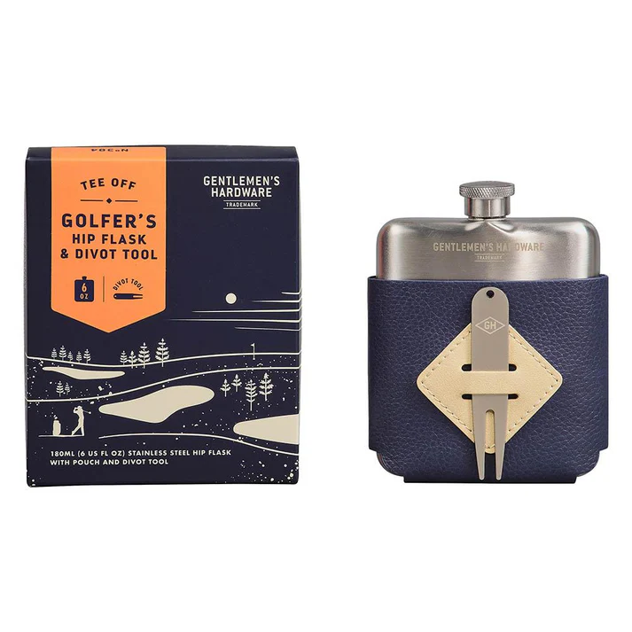 Golfer's hip flask and divot tool set WILD AND WOLF