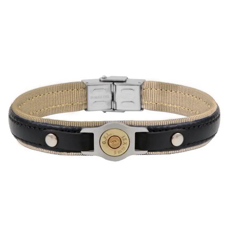 Bracelet acier cuir noir & G. grain vert bullet sniper  BOND