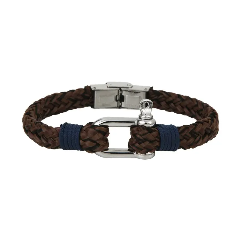 Bracelet acier manille et tresse cordon simple kaki BOND