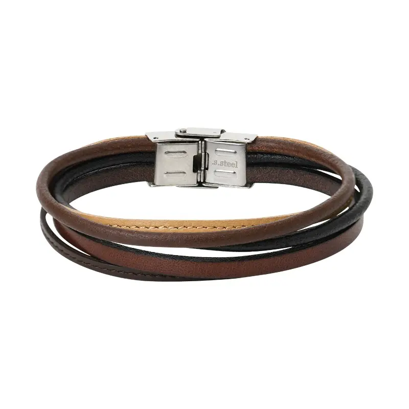 Bracelet acier et multi-fils cuir couleur ELEDEN PARIS