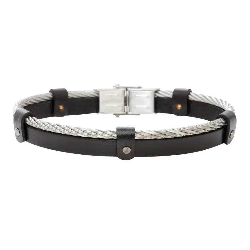 Bracelet acier cable  et cuir noir Bond