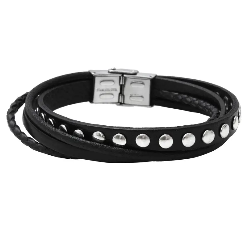 Bracelet acier cuir noir multi-rangs clous