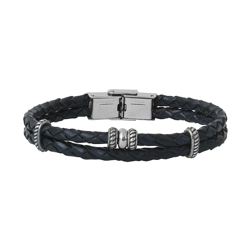 Bracelet acier double cuir tresse et motifs ELDEN PARIS