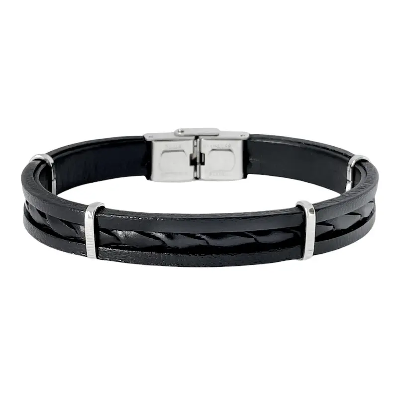 Bracelet acier et cuir motif central torsade ELDEN PARIS