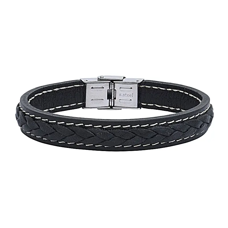 Bracelet acier et cuir motif tresse surpique ELDEN PARIS