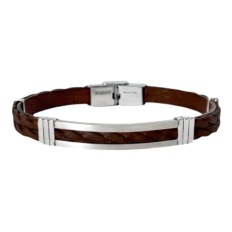 Bracelet acier motif central et cuir torsade ELDEN PARIS