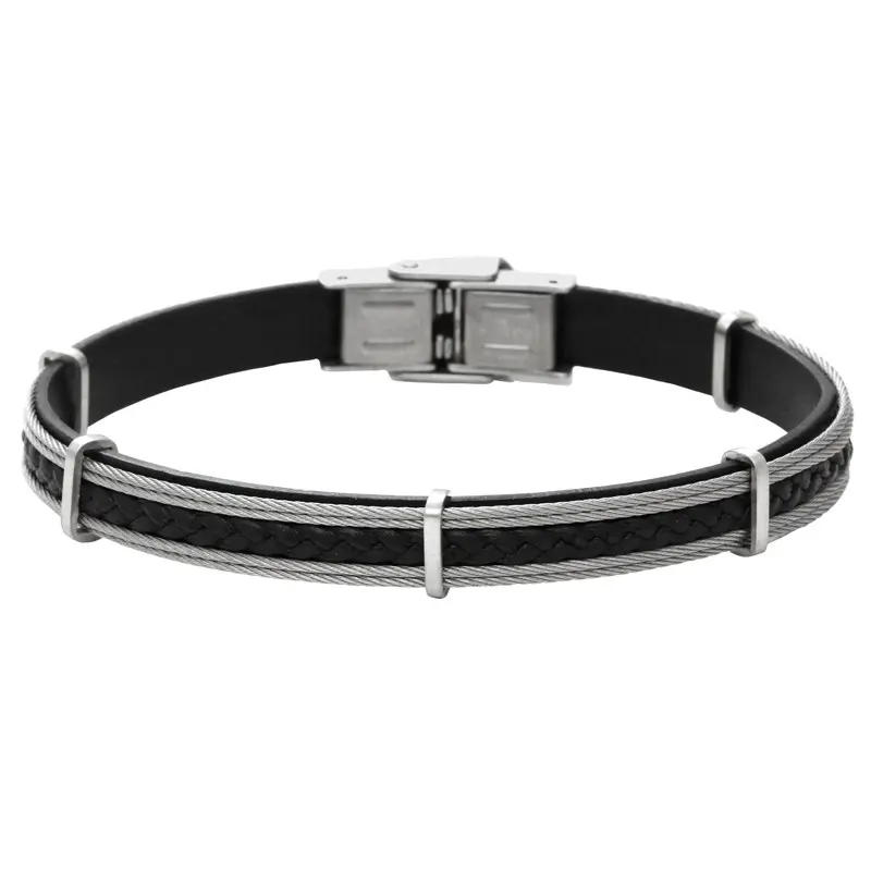 Bracelet acier tresse cuir noir et dble cable BOND