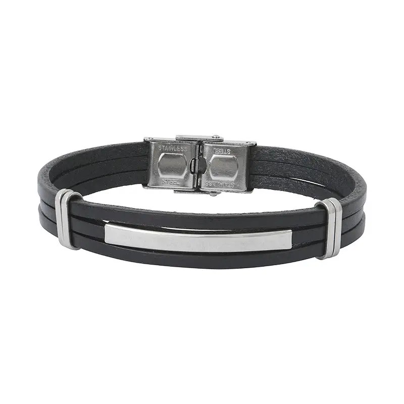 Bracelet triple lanieres cuir et plaque acier ELDEN PARIS
