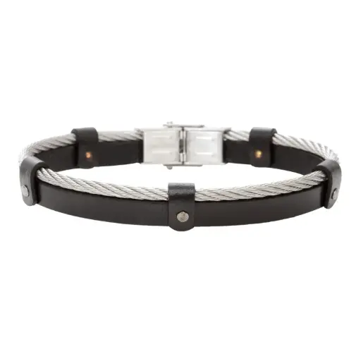 [00255] Bracelet acier cable  et cuir noir Bond