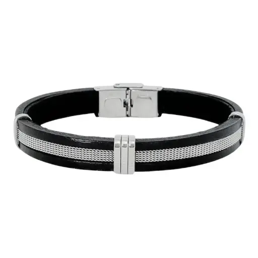 [03406] Bracelet acier cuir couleur maille milanaise ELDEN PARIS
