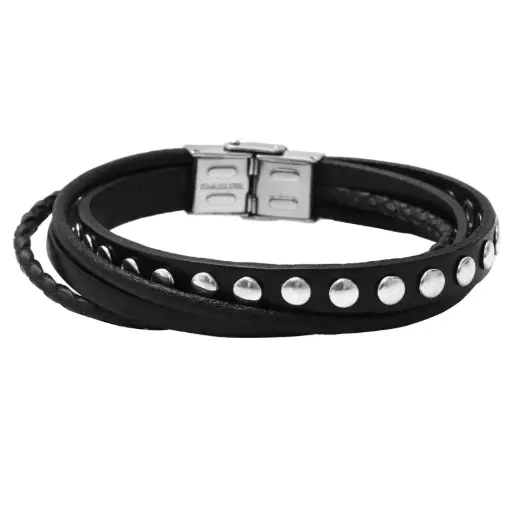 [03400] Bracelet acier cuir noir multi-rangs clous