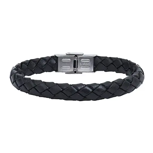 [03404] Bracelet acier cuir tresse motif galuch fleur de lys ELDEN
