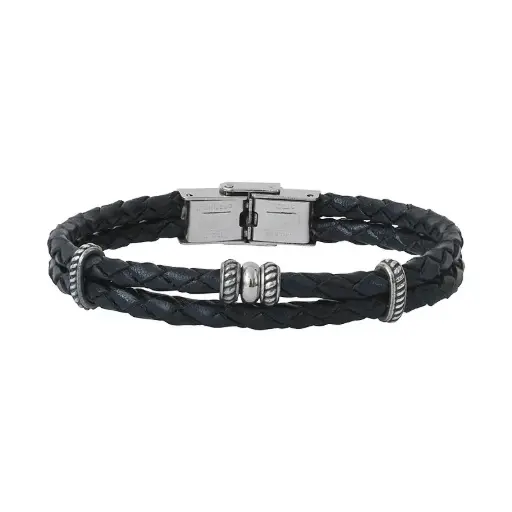 [03395] Bracelet acier double cuir tresse et motifs ELDEN PARIS