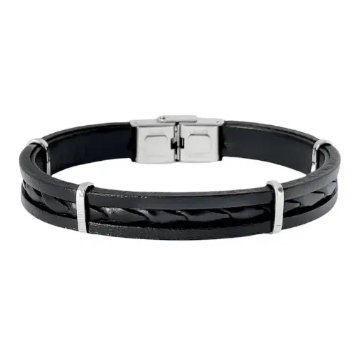 [03410] Bracelet acier et cuir motif central torsade ELDEN PARIS