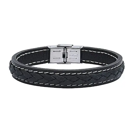 [03399] Bracelet acier et cuir motif tresse surpique ELDEN PARIS