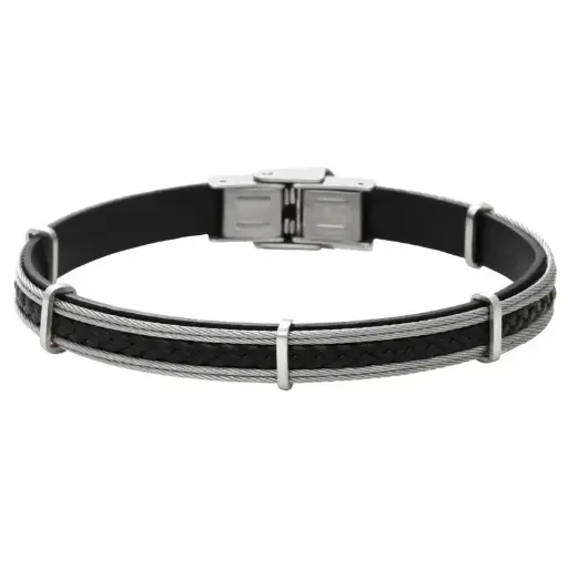 [01183] Bracelet acier tresse cuir noir et dble cable BOND