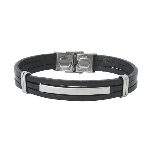 [03396] Bracelet triple lanieres cuir et plaque acier ELDEN PARIS